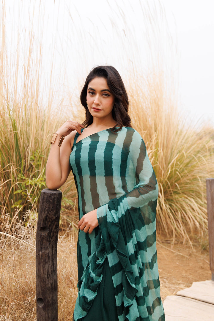 Green Ready-to-Wear Leheriya Chiffon Saree with Ruffles
