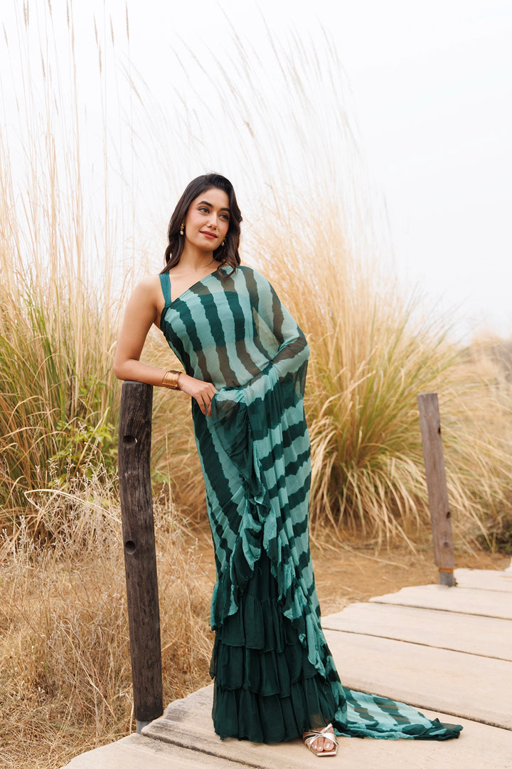Green Ready-to-Wear Leheriya Chiffon Saree with Ruffles