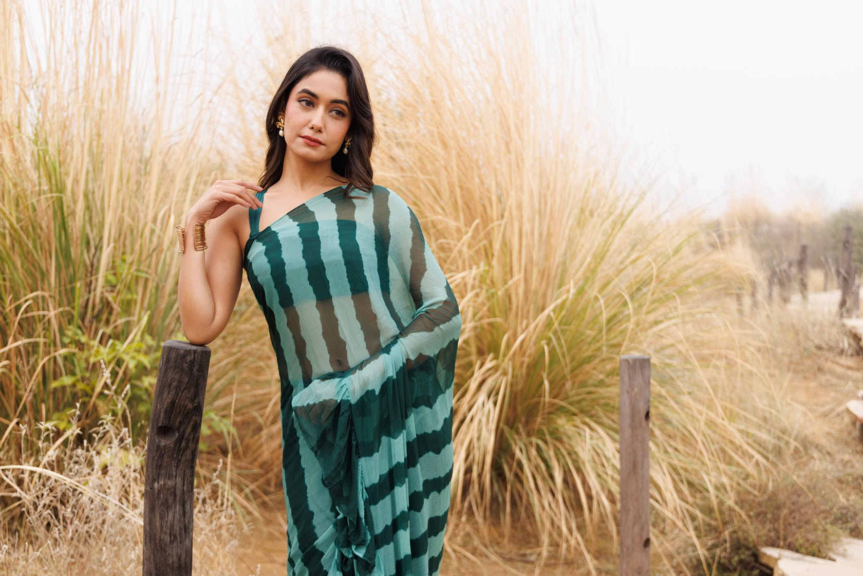 Green Ready-to-Wear Leheriya Chiffon Saree with Ruffles
