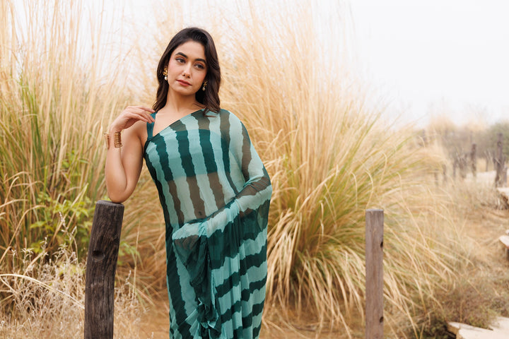Green Ready-to-Wear Leheriya Chiffon Saree with Ruffles