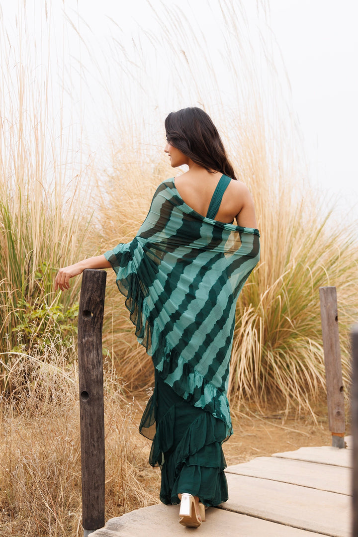 Green Ready-to-Wear Leheriya Chiffon Saree with Ruffles