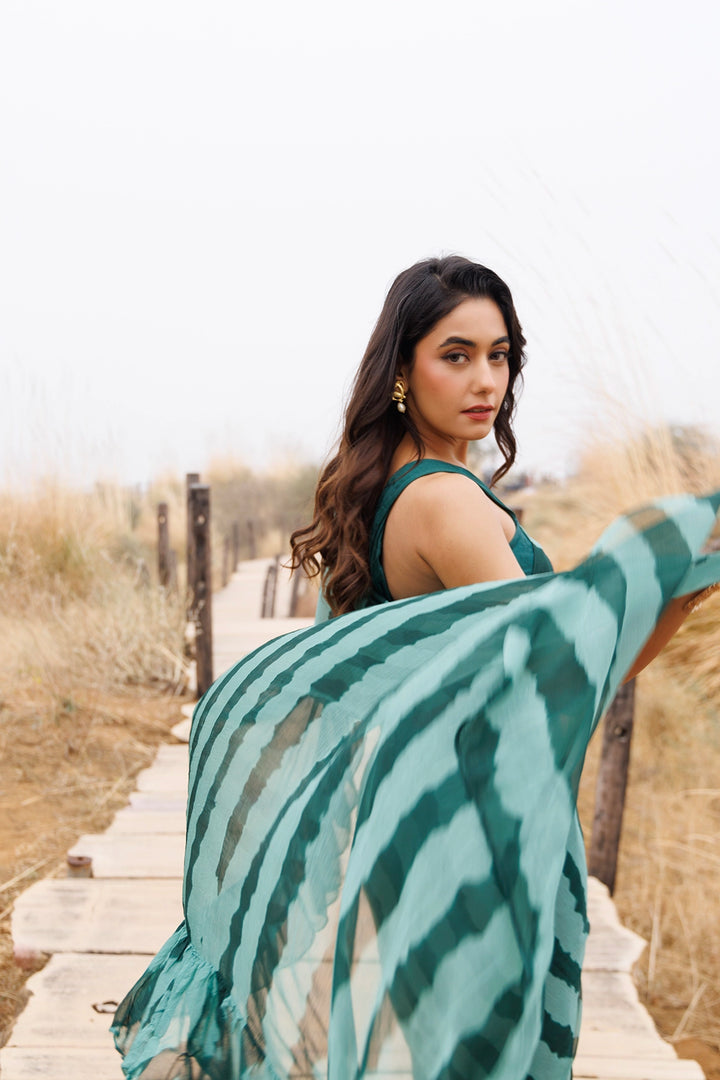 Green Ready-to-Wear Leheriya Chiffon Saree with Ruffles