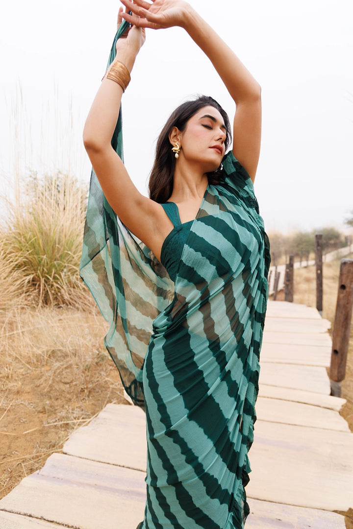 Green Ready-to-Wear Leheriya Chiffon Saree with Ruffles