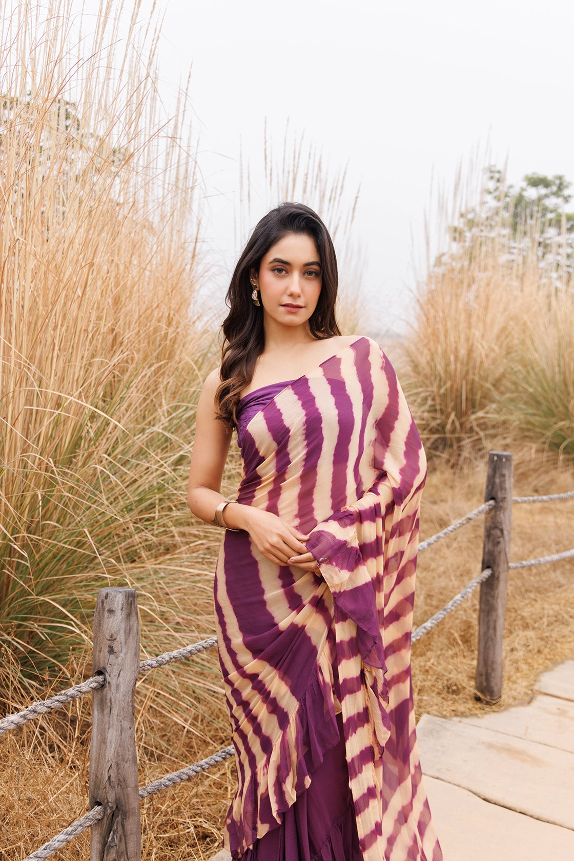 Wine & Beige Ready-to-Wear Leheriya Chiffon Saree with Ruffles