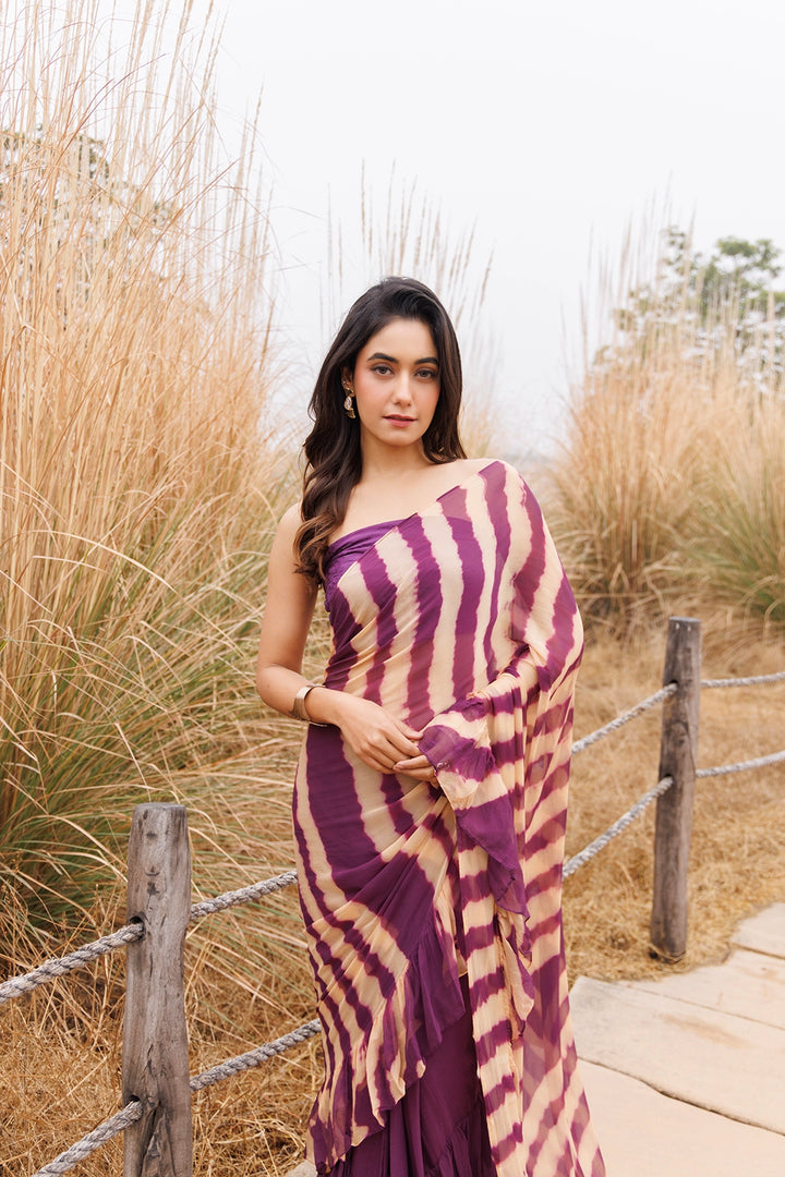 Wine & Beige Ready-to-Wear Leheriya Chiffon Saree with Ruffles