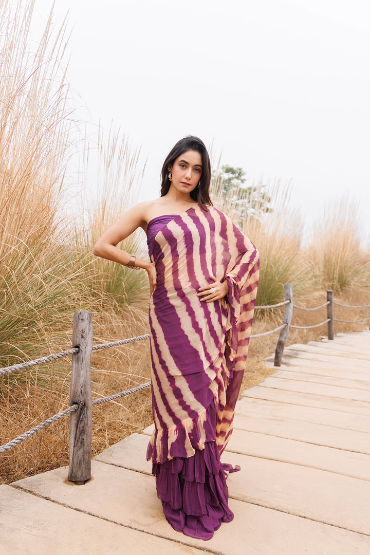 Wine & Beige Ready-to-Wear Leheriya Chiffon Saree with Ruffles