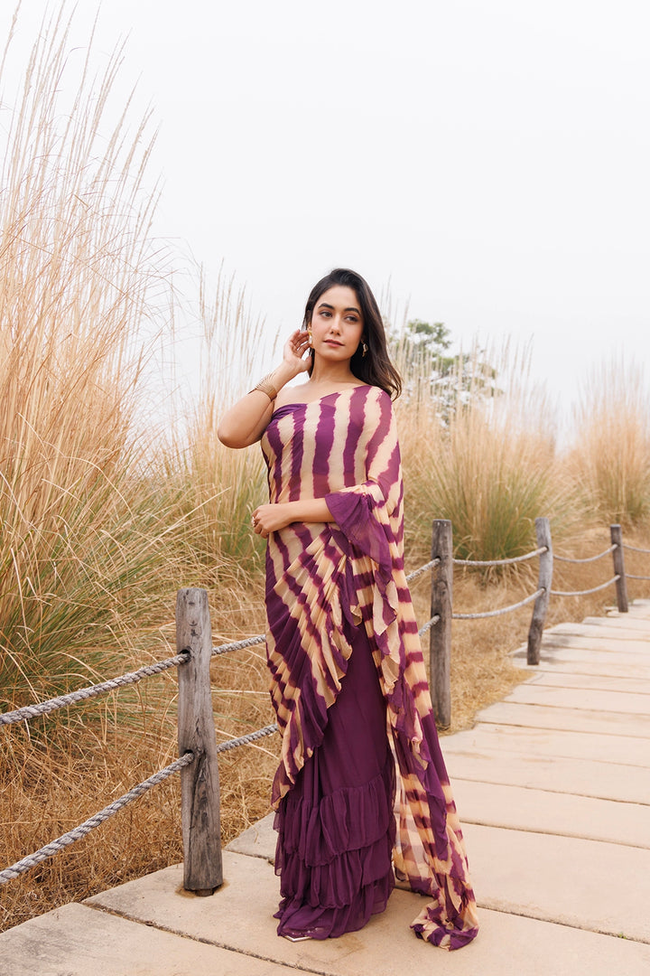Wine & Beige Ready-to-Wear Leheriya Chiffon Saree with Ruffles