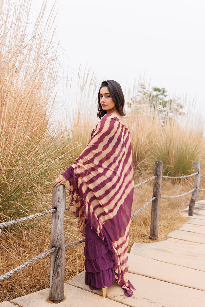 Wine & Beige Ready-to-Wear Leheriya Chiffon Saree with Ruffles