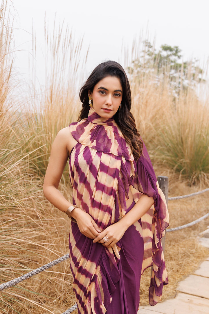 Wine & Beige Ready-to-Wear Leheriya Chiffon Saree with Ruffles