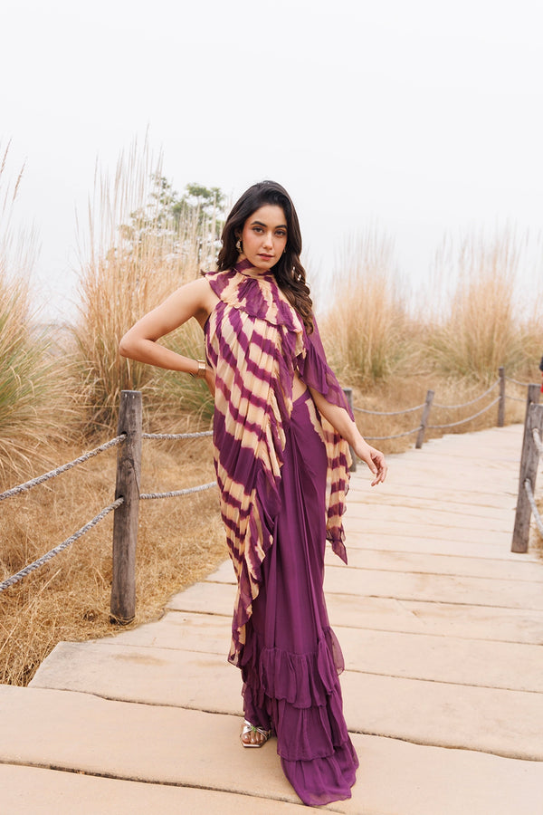 Wine & Beige Ready-to-Wear Leheriya Chiffon Saree with Ruffles