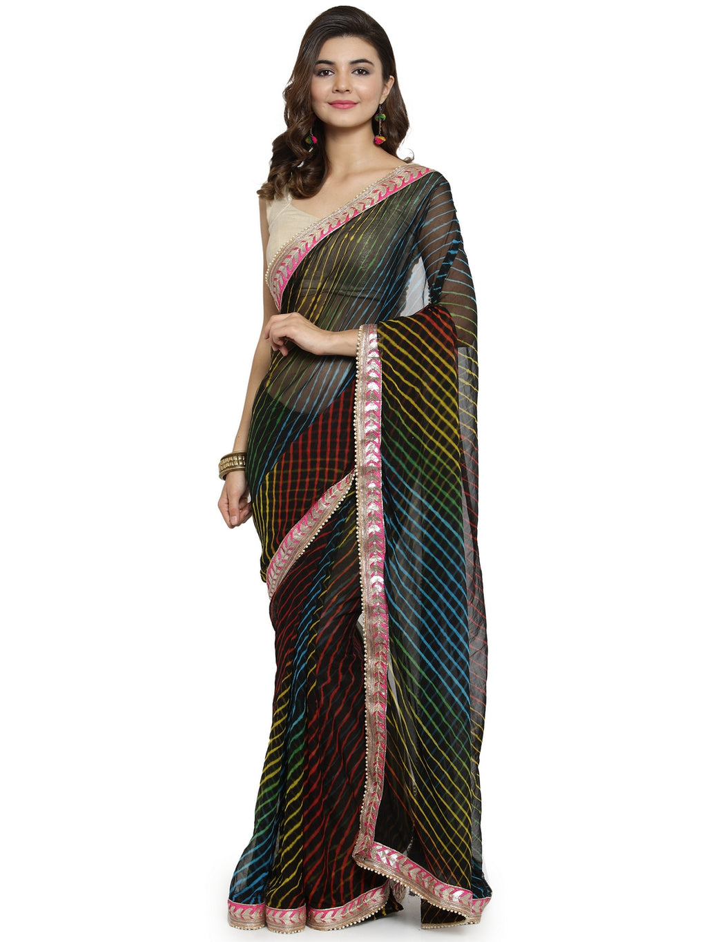 Multi Color Hand Dyed Leheriya Handcrafted Gota Work Chiffon Saree