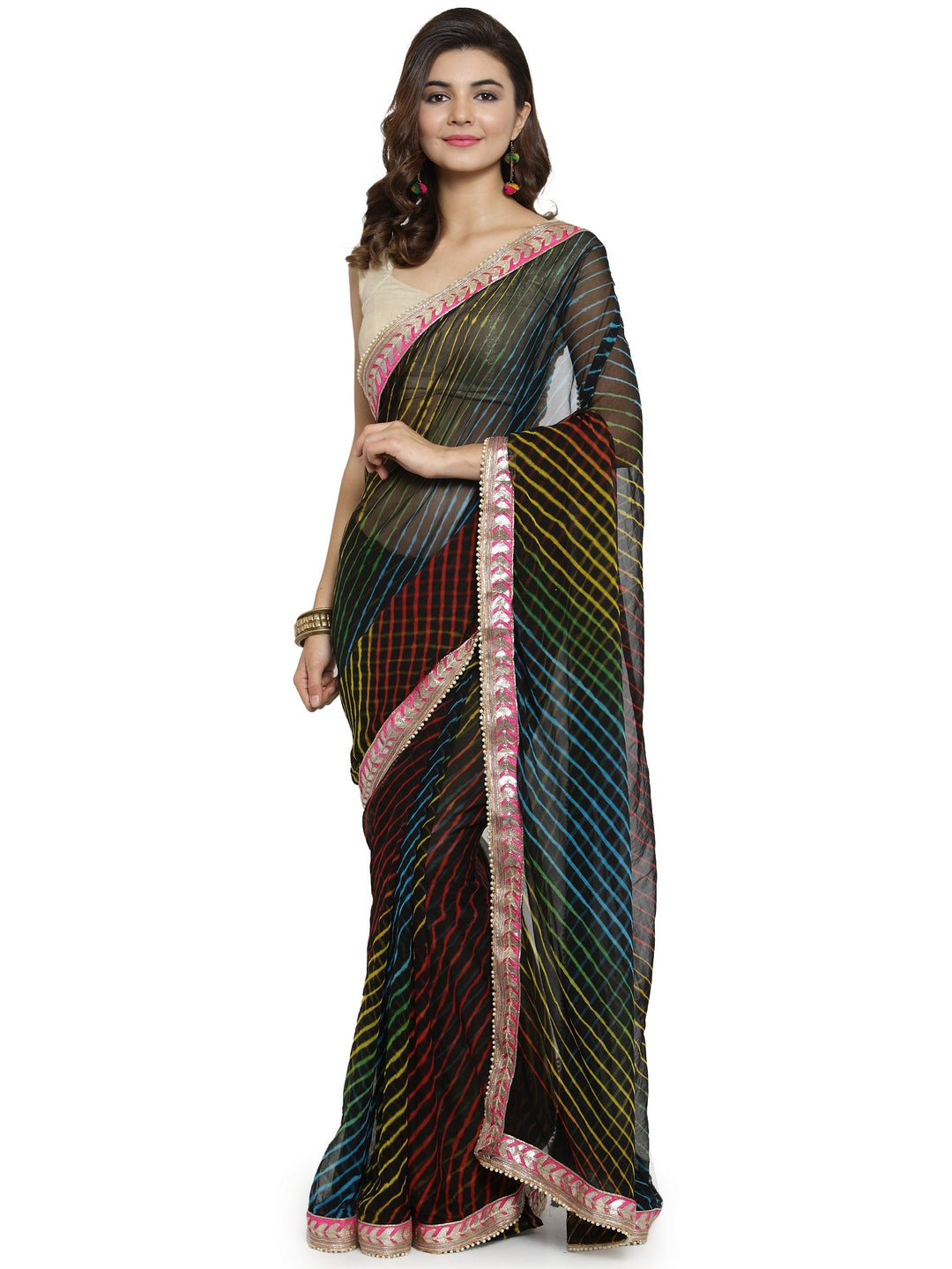 Multi Color Hand Dyed Leheriya Handcrafted Gota Work Chiffon Saree