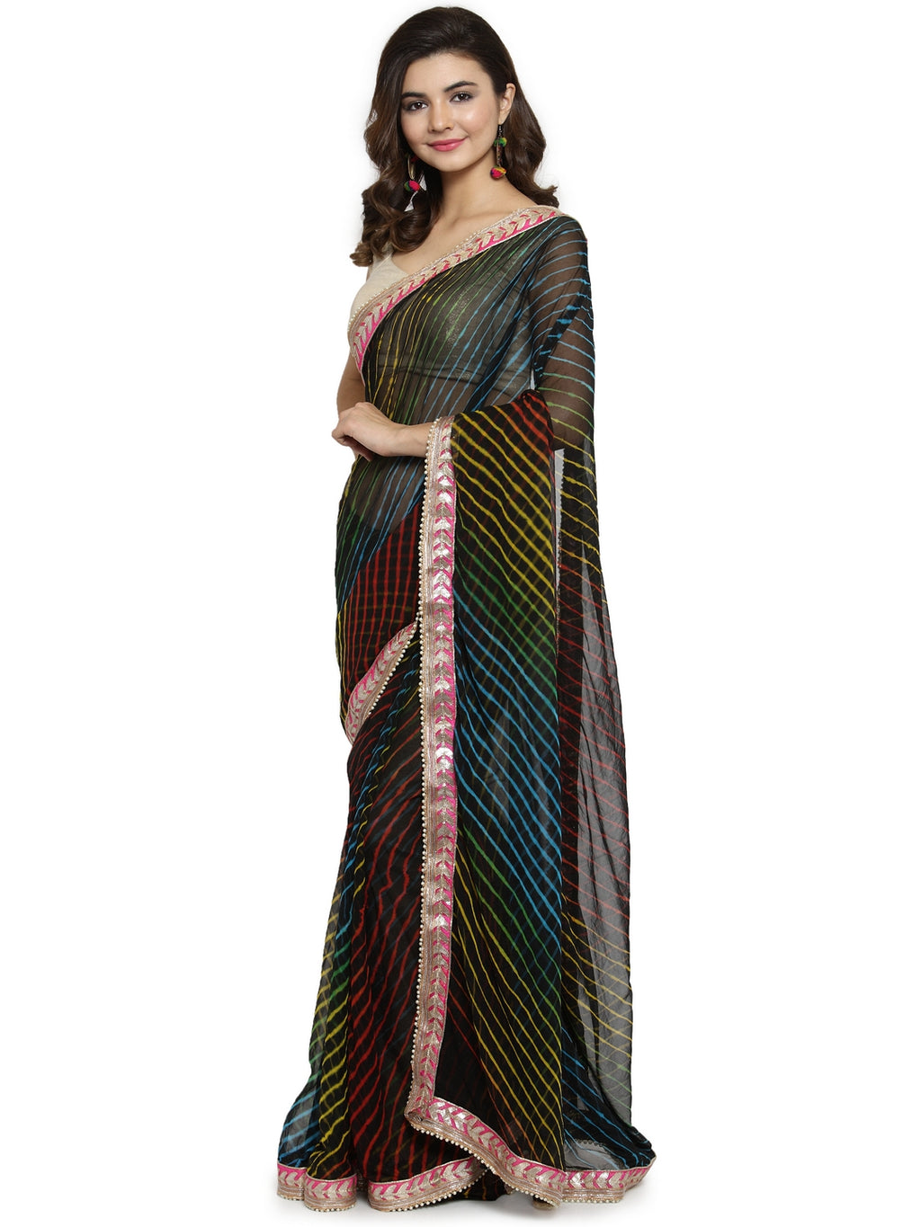 Multi Color Hand Dyed Leheriya Handcrafted Gota Work Chiffon Saree