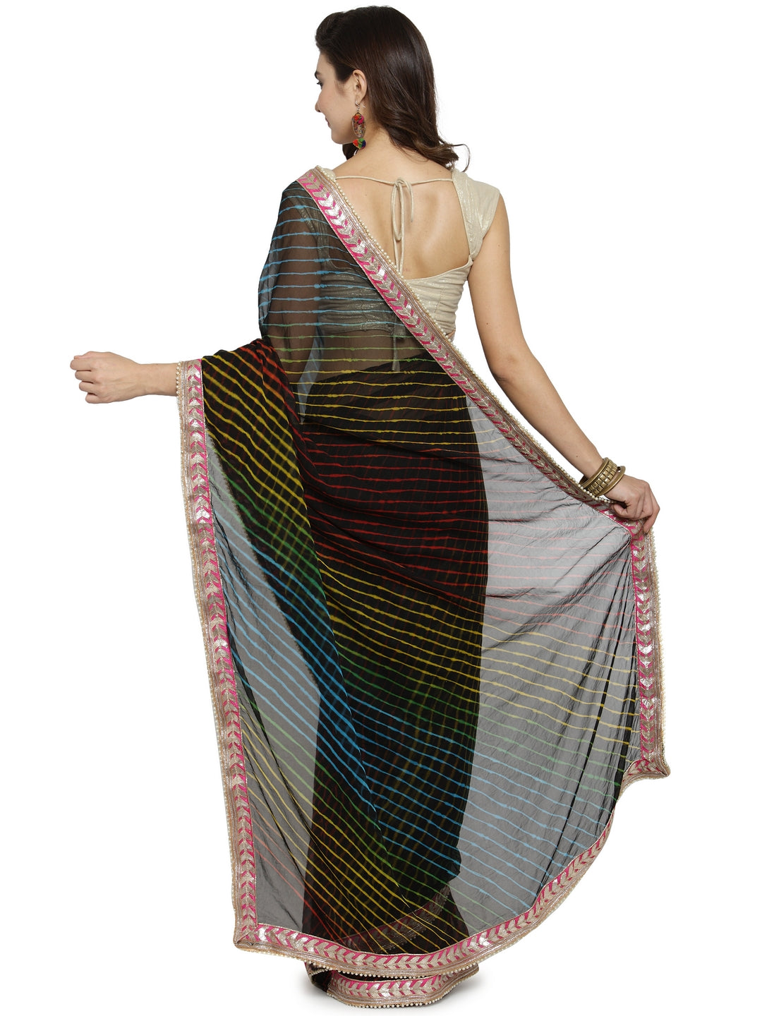 Multi Color Hand Dyed Leheriya Handcrafted Gota Work Chiffon Saree