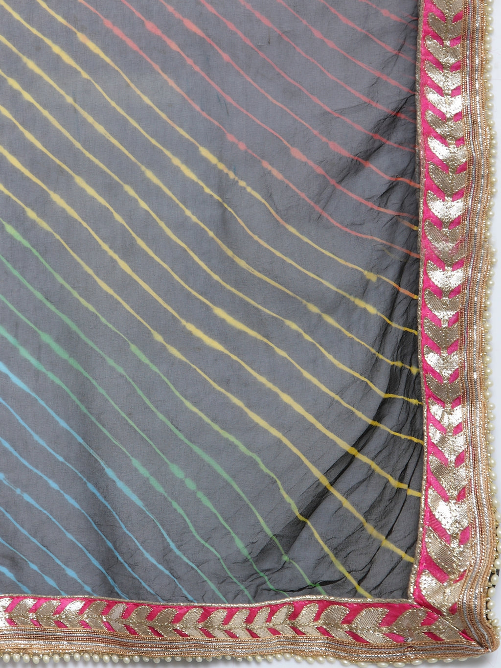 Multi Color Hand Dyed Leheriya Handcrafted Gota Work Chiffon Saree