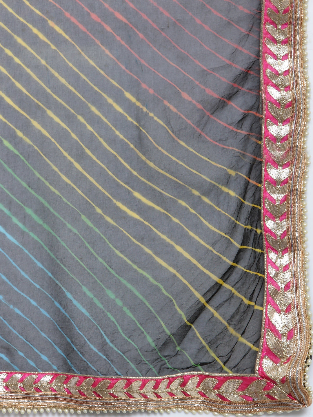 Multi Color Hand Dyed Leheriya Handcrafted Gota Work Chiffon Saree