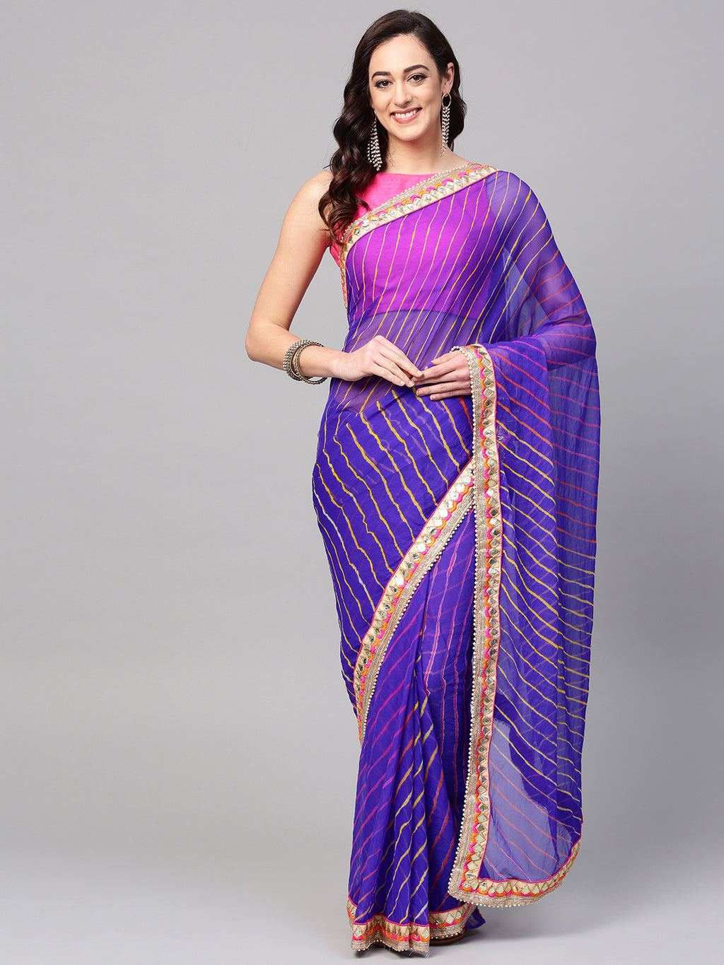 Blue Hand Dyed Leheriya Gota Work Georgette Saree