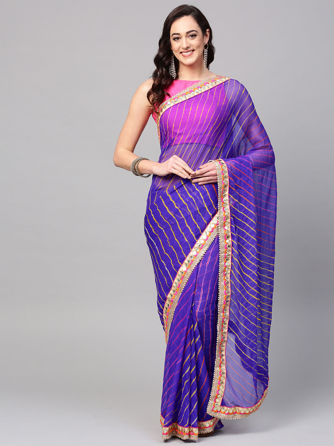 Blue Hand Dyed Leheriya Gota Work Georgette Saree