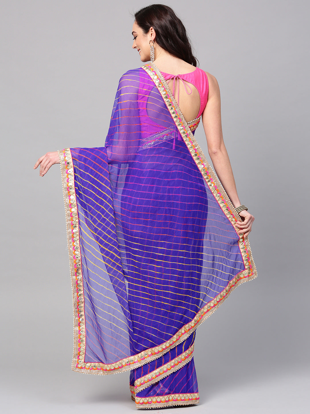 Blue Hand Dyed Leheriya Gota Work Georgette Saree