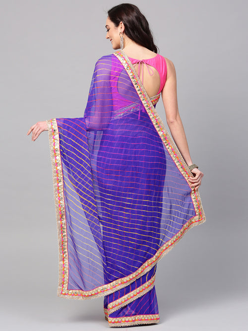 Blue Hand Dyed Leheriya Gota Work Georgette Saree