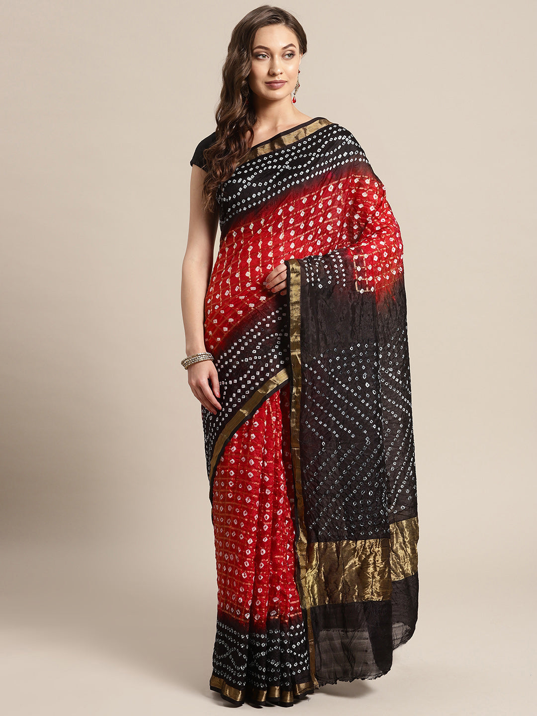 Maroon Printed Bandhani Zari Work Art Silk Saree