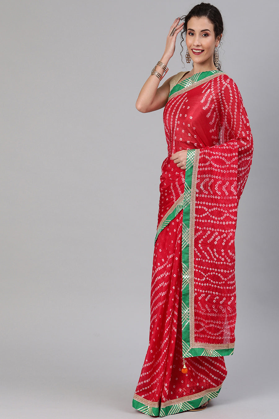 Red Bandhani Art Silk Saree With Lace