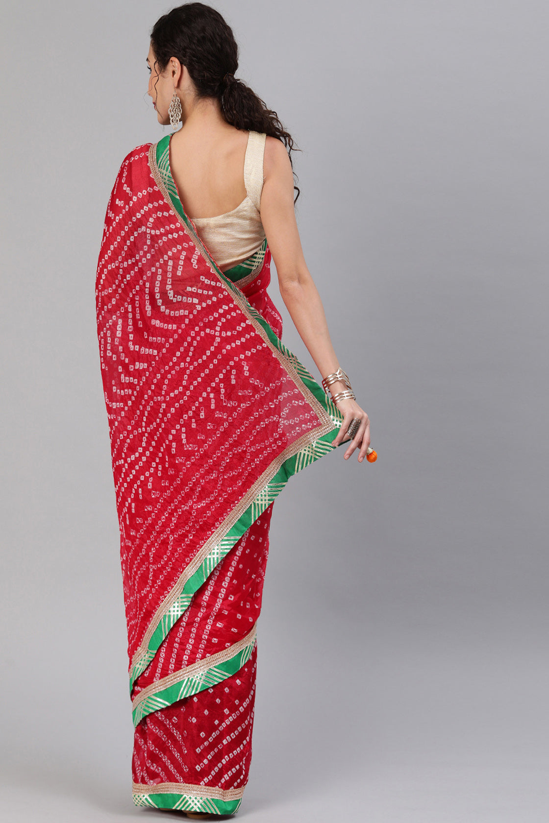 Red Bandhani Art Silk Saree With Lace