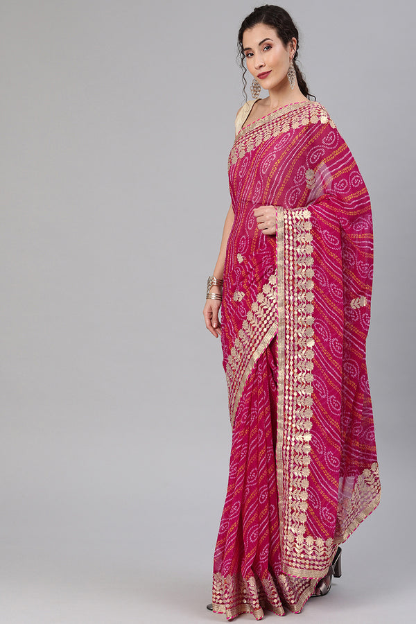 Magenta Pink Handcrafted Gota Patti & Bandhani Georgette Saree