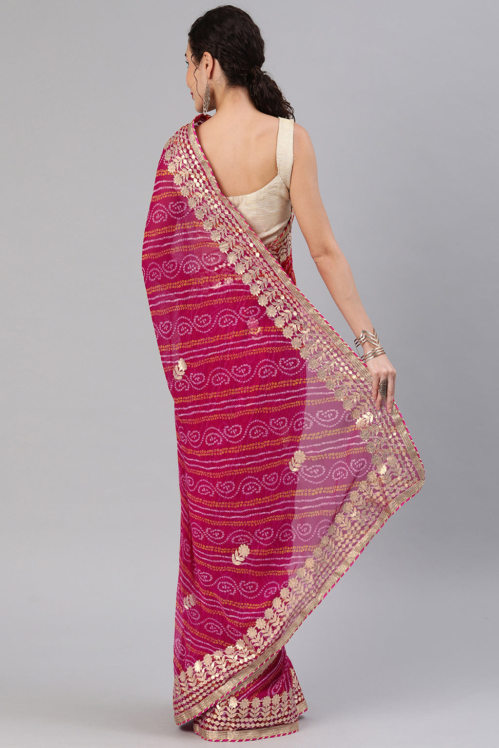 Magenta Pink Handcrafted Gota Patti & Bandhani Georgette Saree