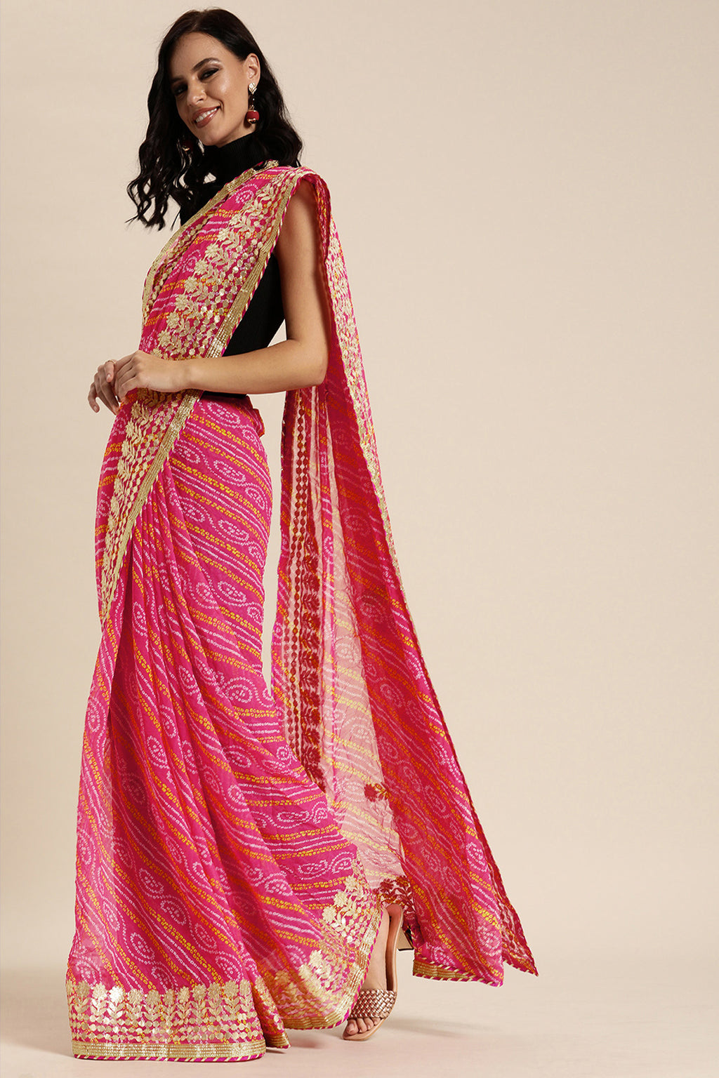Pink Handcrafted Gota patti & Bandhani Pure Georgette Saree