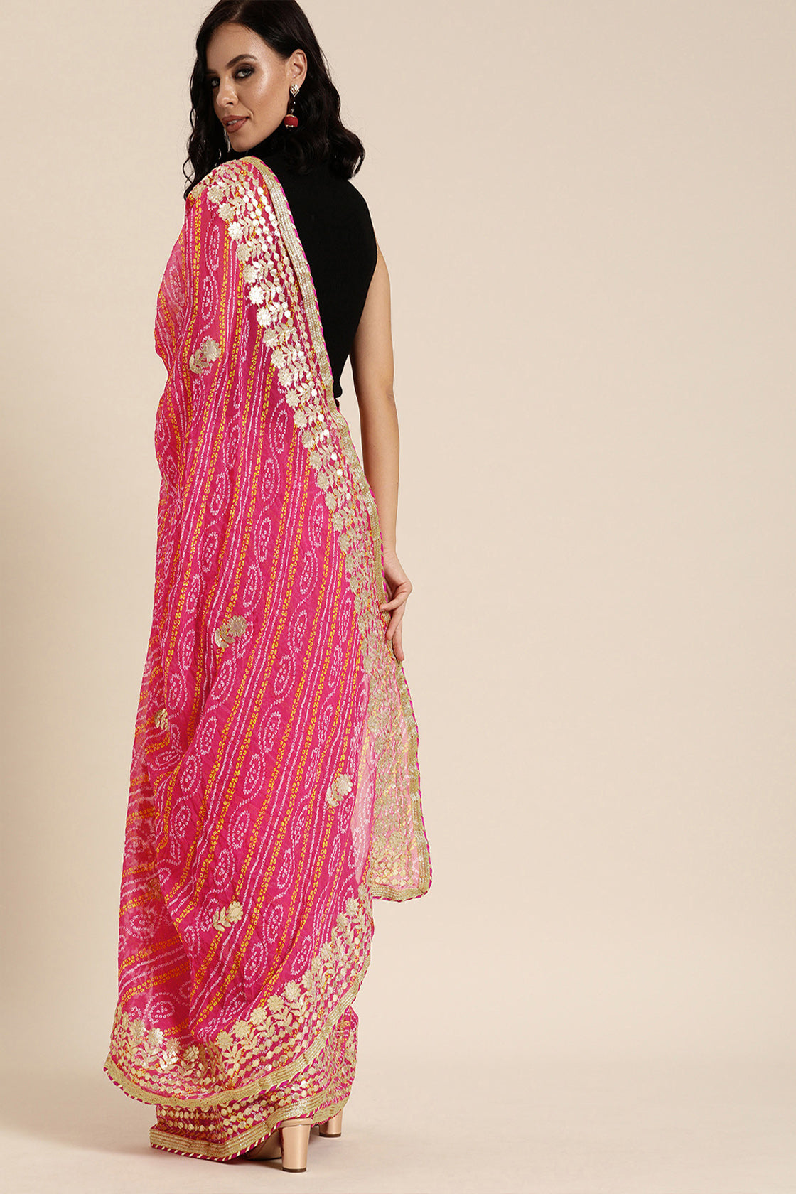 Pink Handcrafted Gota Patti & Bandhani Georgette Saree