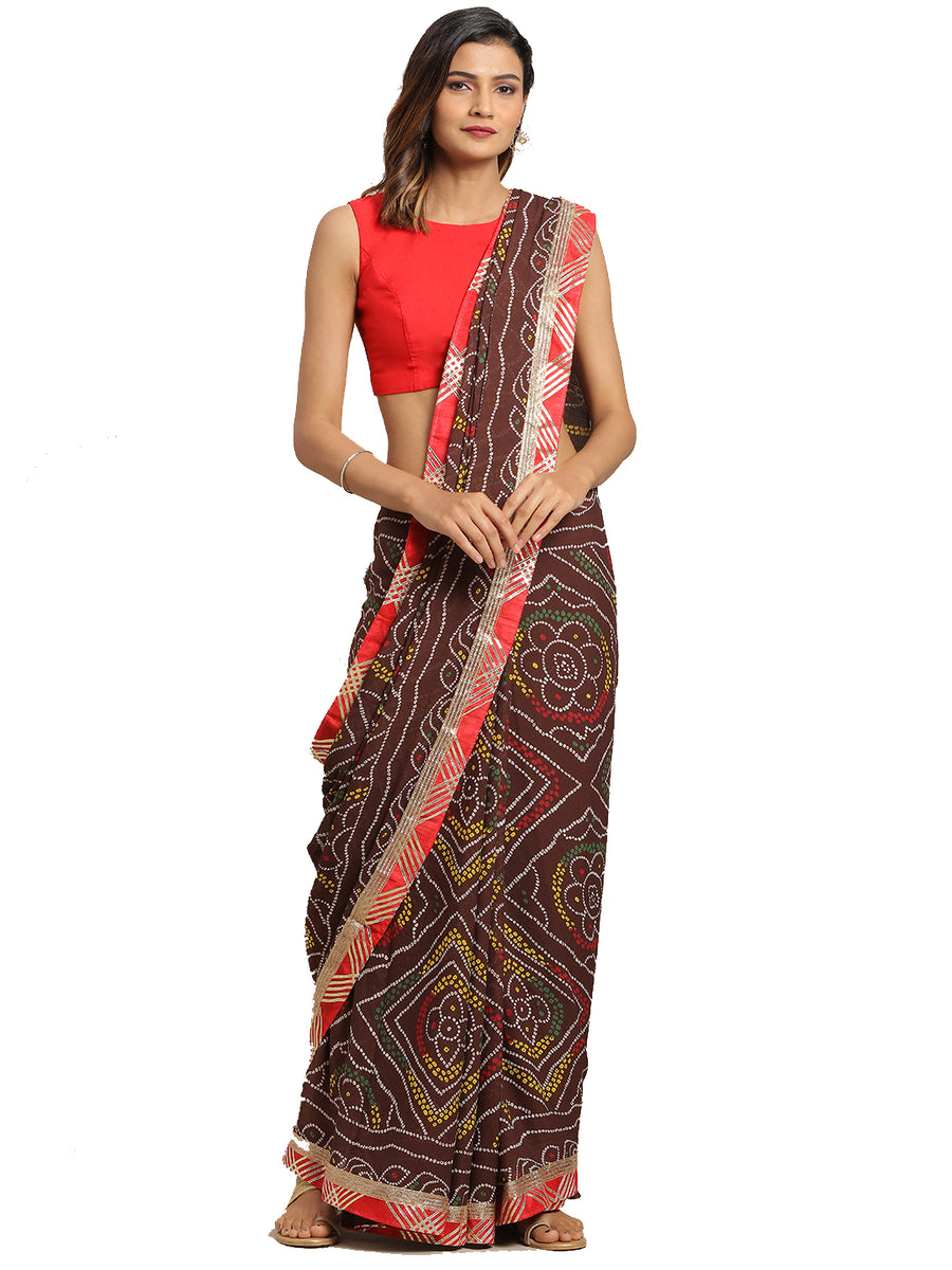 Hand Dyed Brown Bandhani Georgette Sustainable Saree