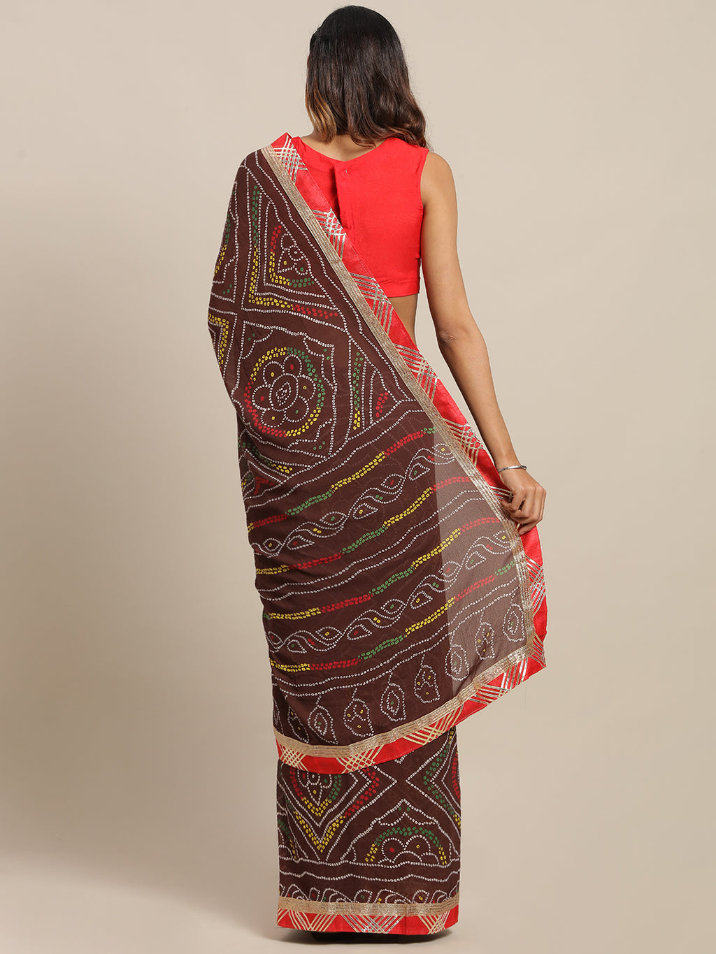 Hand Dyed Brown Bandhani Georgette Sustainable Saree
