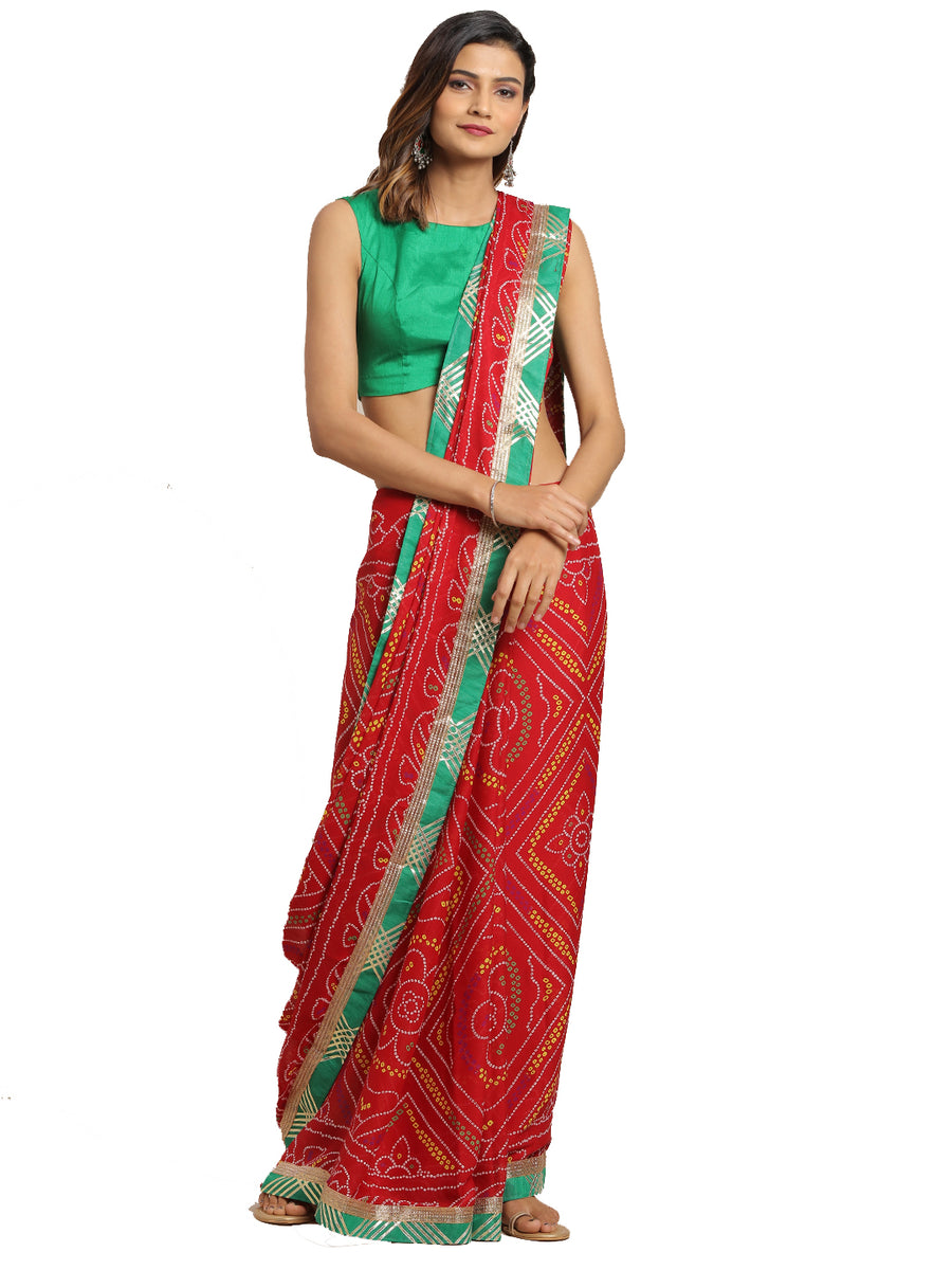 Red Bandhani Handcrafted Gota Work Georgette Saree