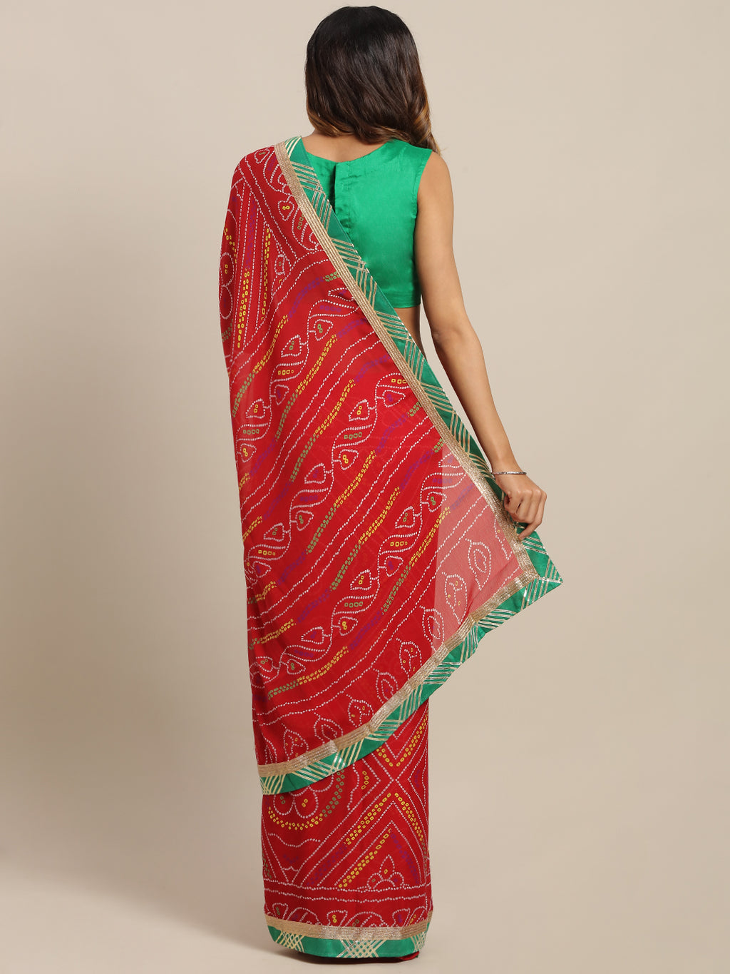 Red Bandhani Handcrafted Gota Work Georgette Saree