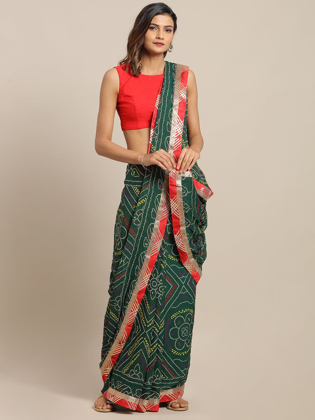 Green Bandhani Printed Handcrafted Gota Work Georgette Saree