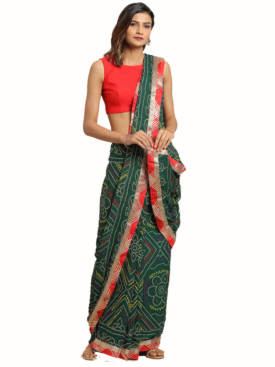 Green Bandhani Printed Handcrafted Gota Work Georgette Saree