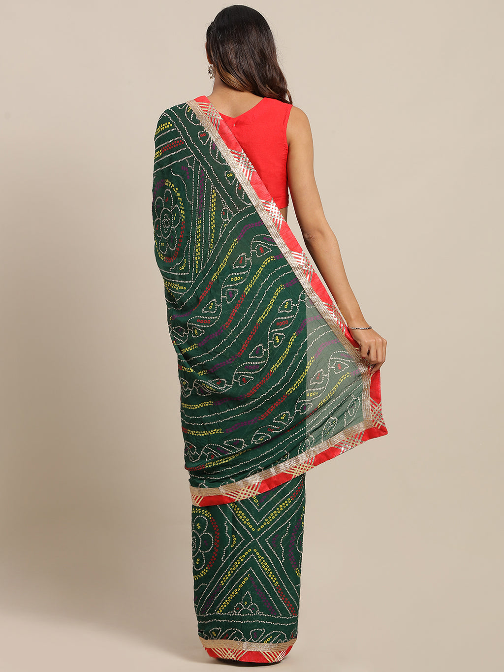 Green Bandhani Printed Handcrafted Gota Work Georgette Saree