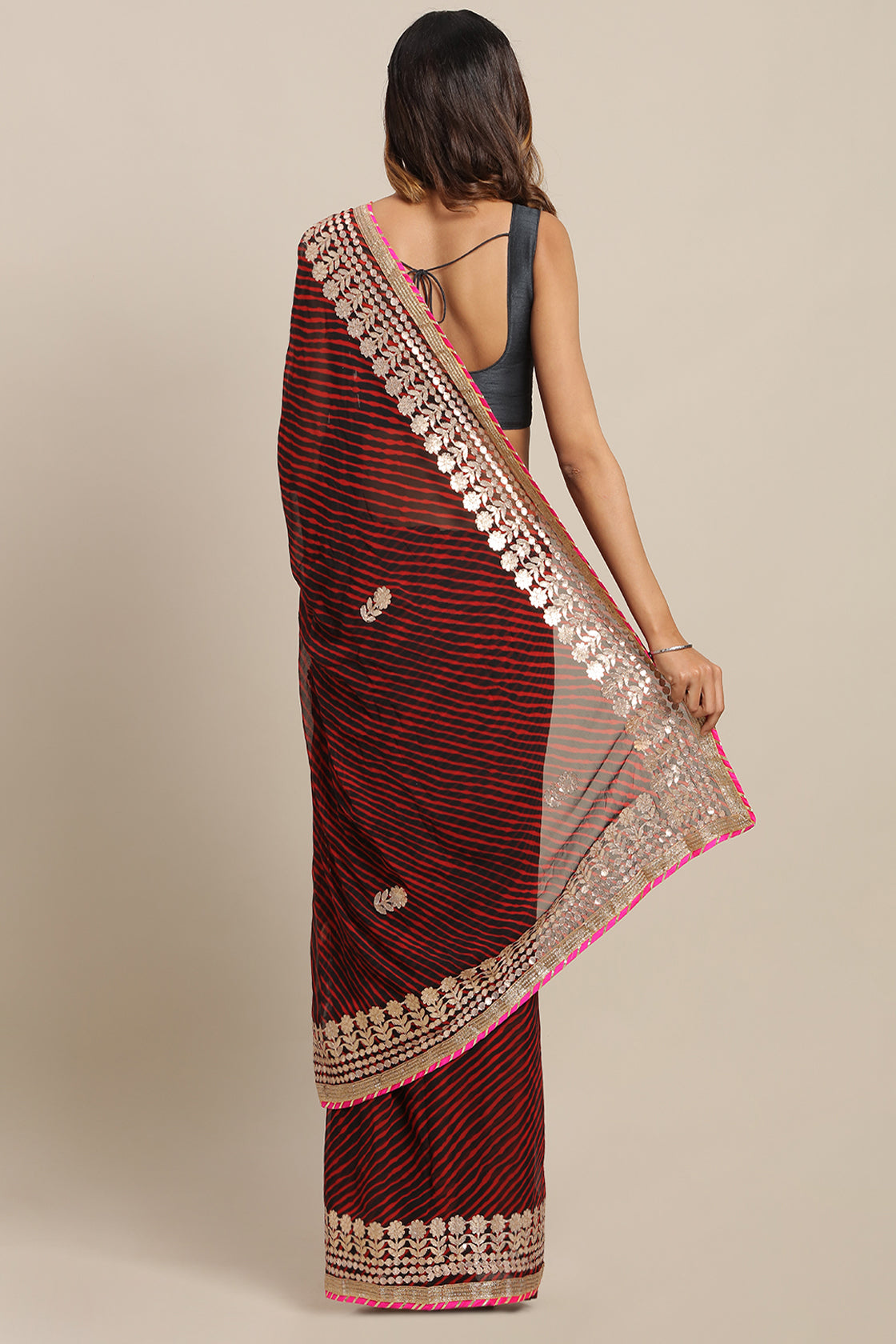 Maroon Hand Dyed Leheriya Gota Patti Work Georgette Saree