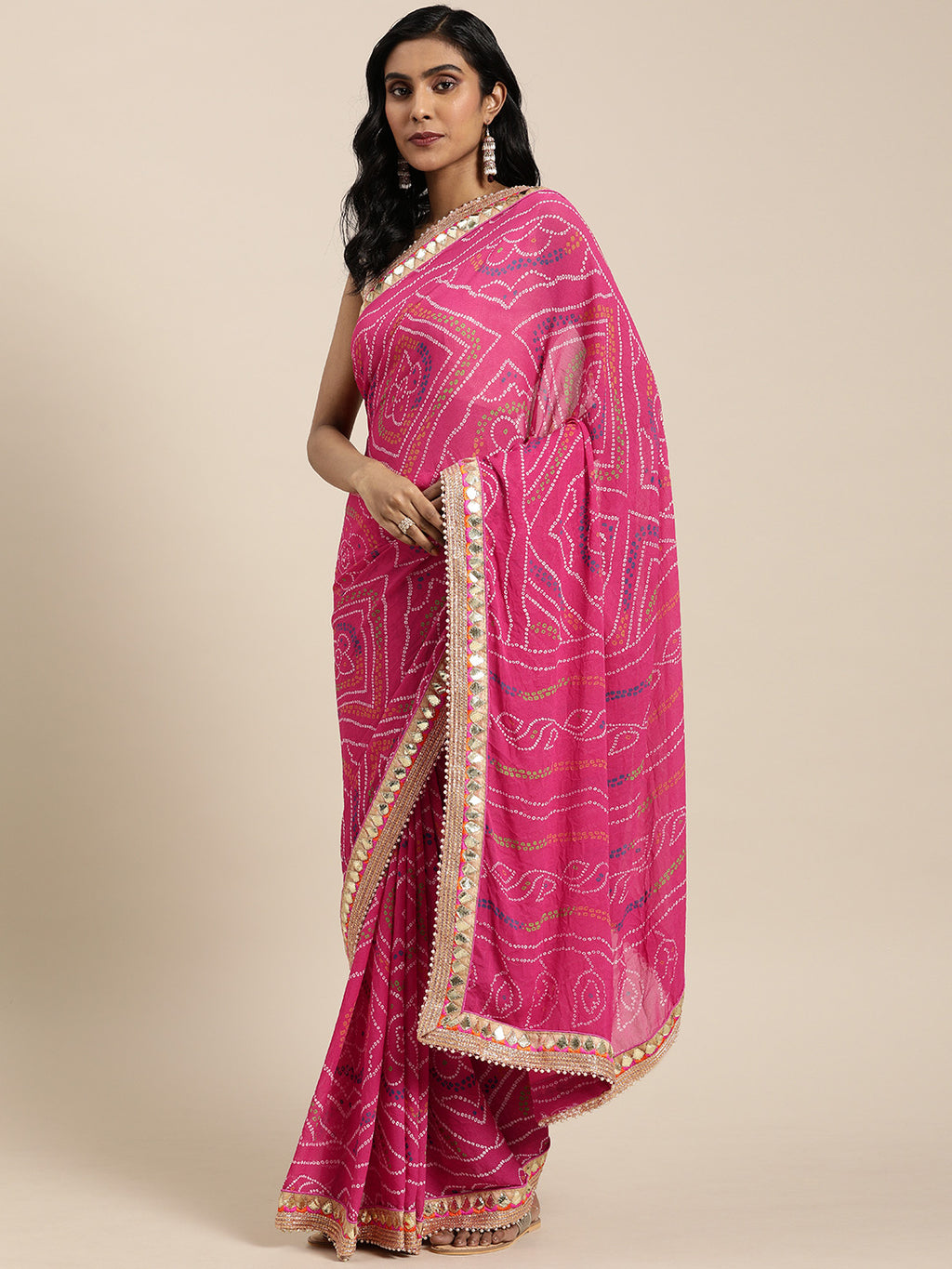 Pink Bandhani Gota Work Georgette Saree