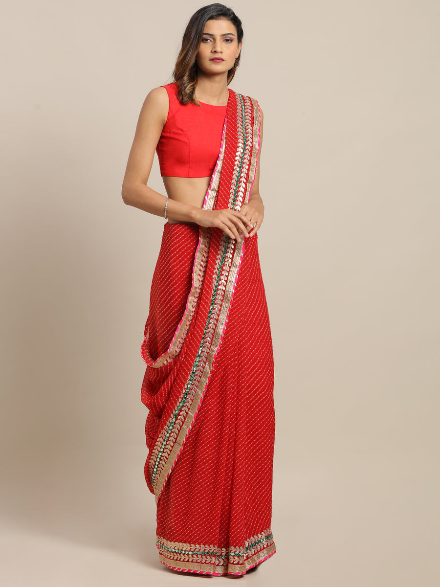 Red Mothra Handcrafted Saree with Gota Patti