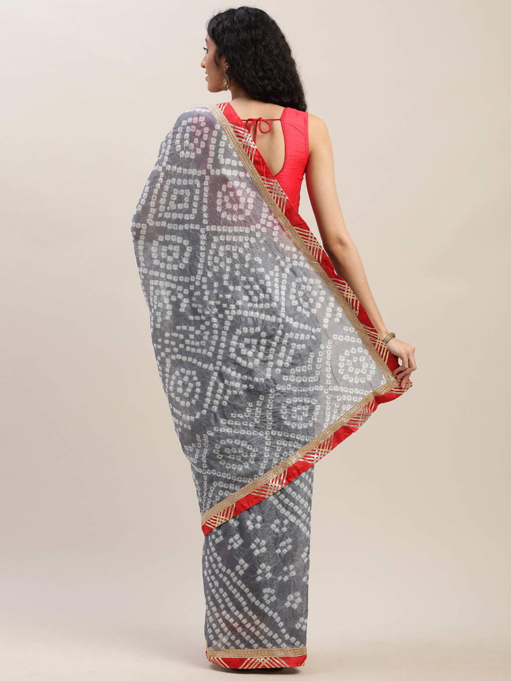 Grey Bandhani Printed Handcrafted Gota Work Art Silk Saree