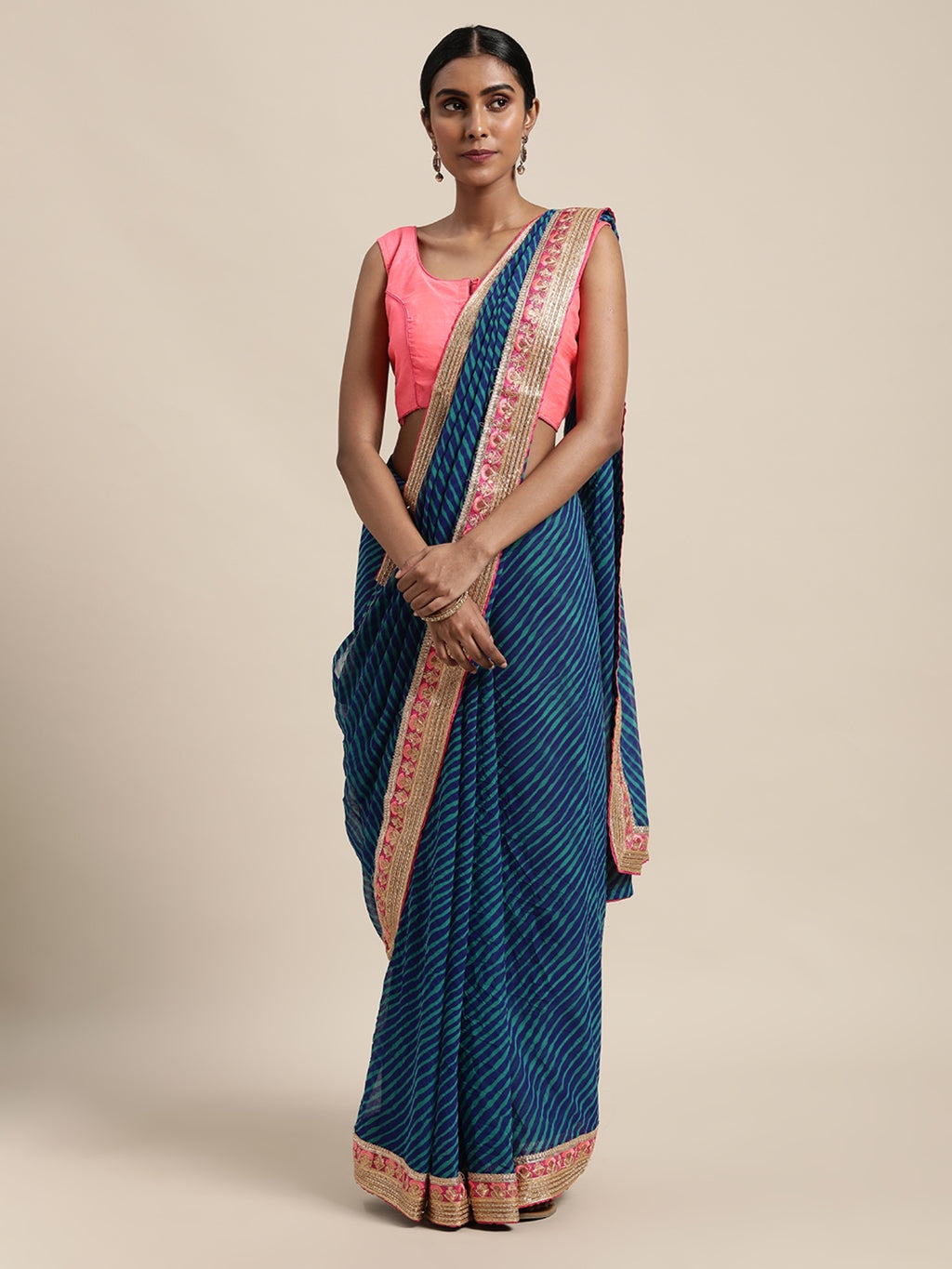 Blue Hand Dyed Leheriya Handcrafted Gota Work Georgette Saree