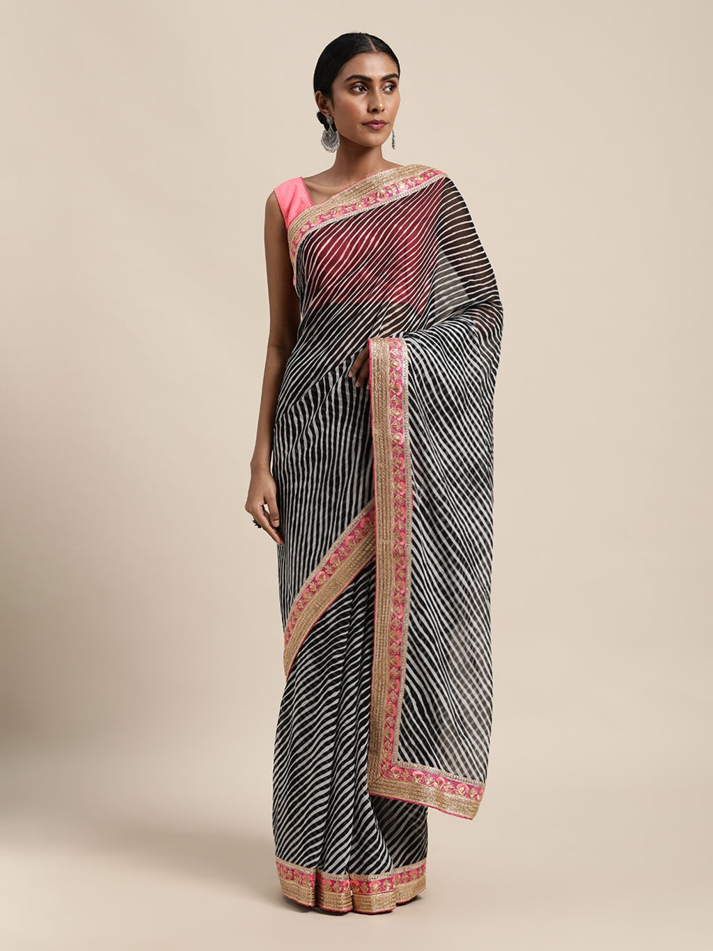 Black Hand Dyed Leheriya Handcrafted Gota Work Georgette Saree
