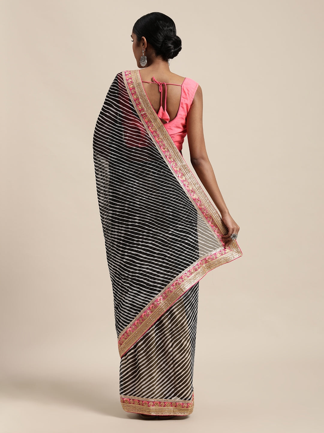 Black Hand Dyed Leheriya Handcrafted Gota Work Georgette Saree