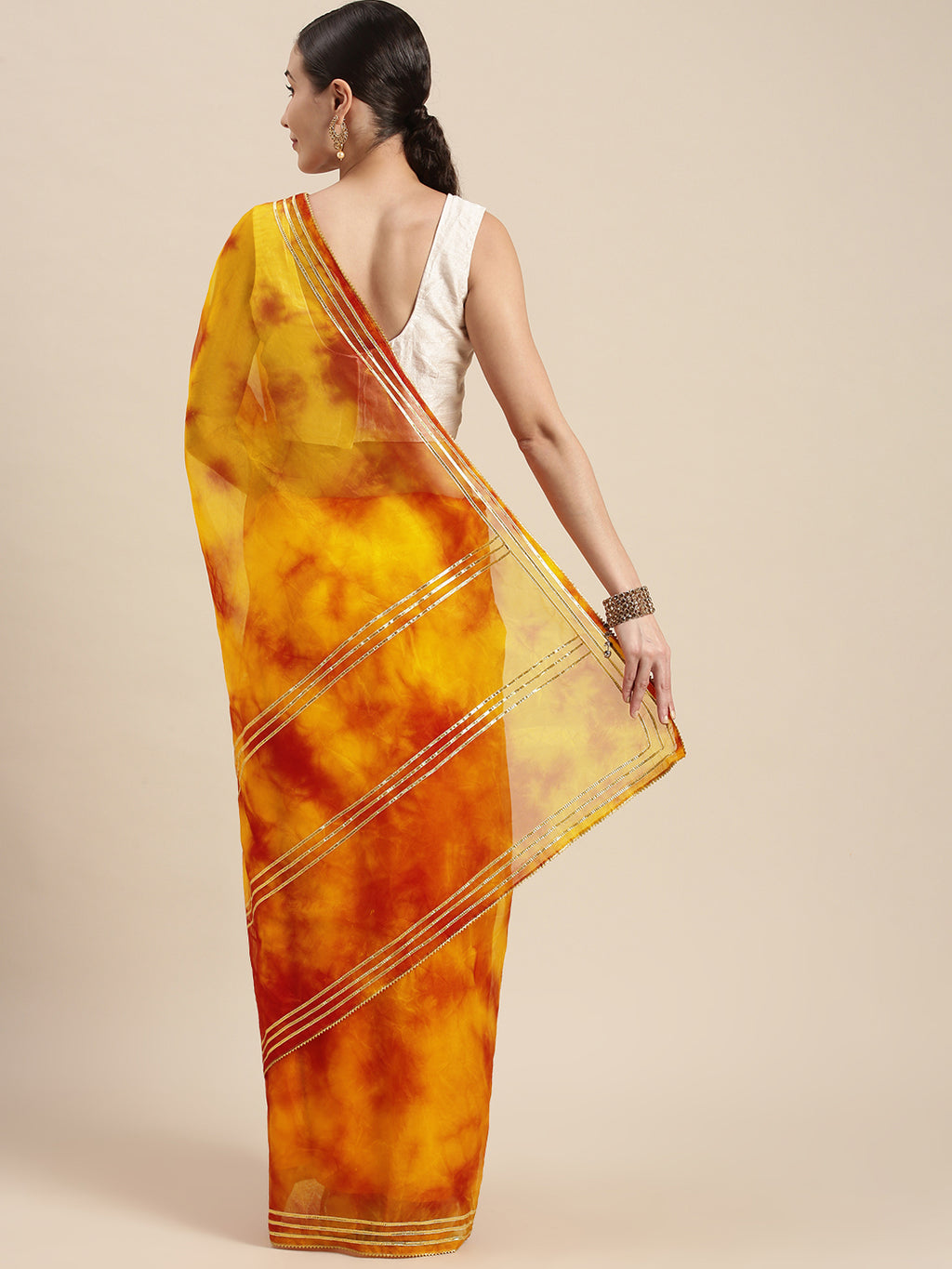Yellow Hand Dyed Shibori Lace Border Organza Saree