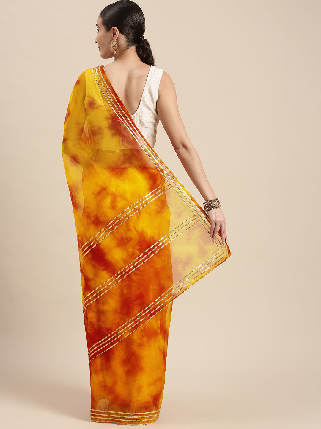 Yellow Hand Dyed Shibori Lace Border Organza Saree