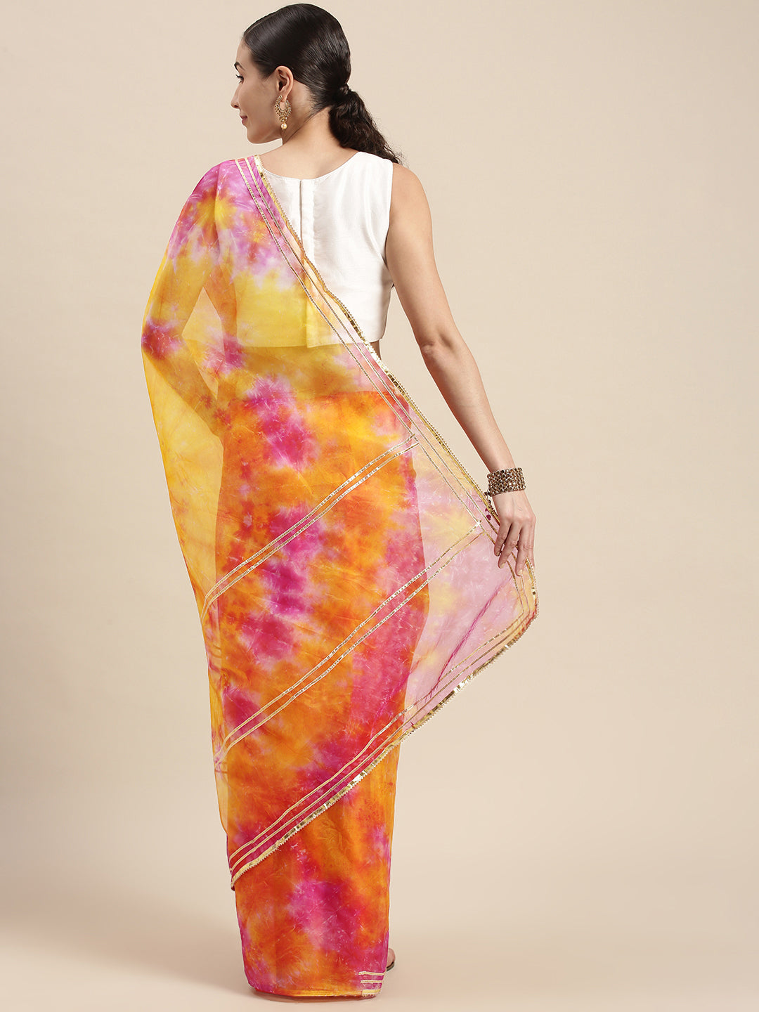 Pink & Yellow Shaded Hand Dyed Shibori Organza Saree