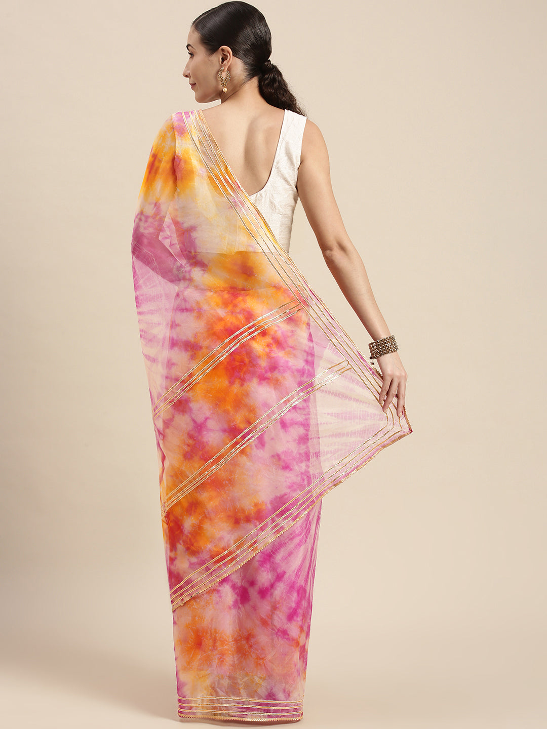 Pink & Orange Hand Dyed Shibori Organza Saree