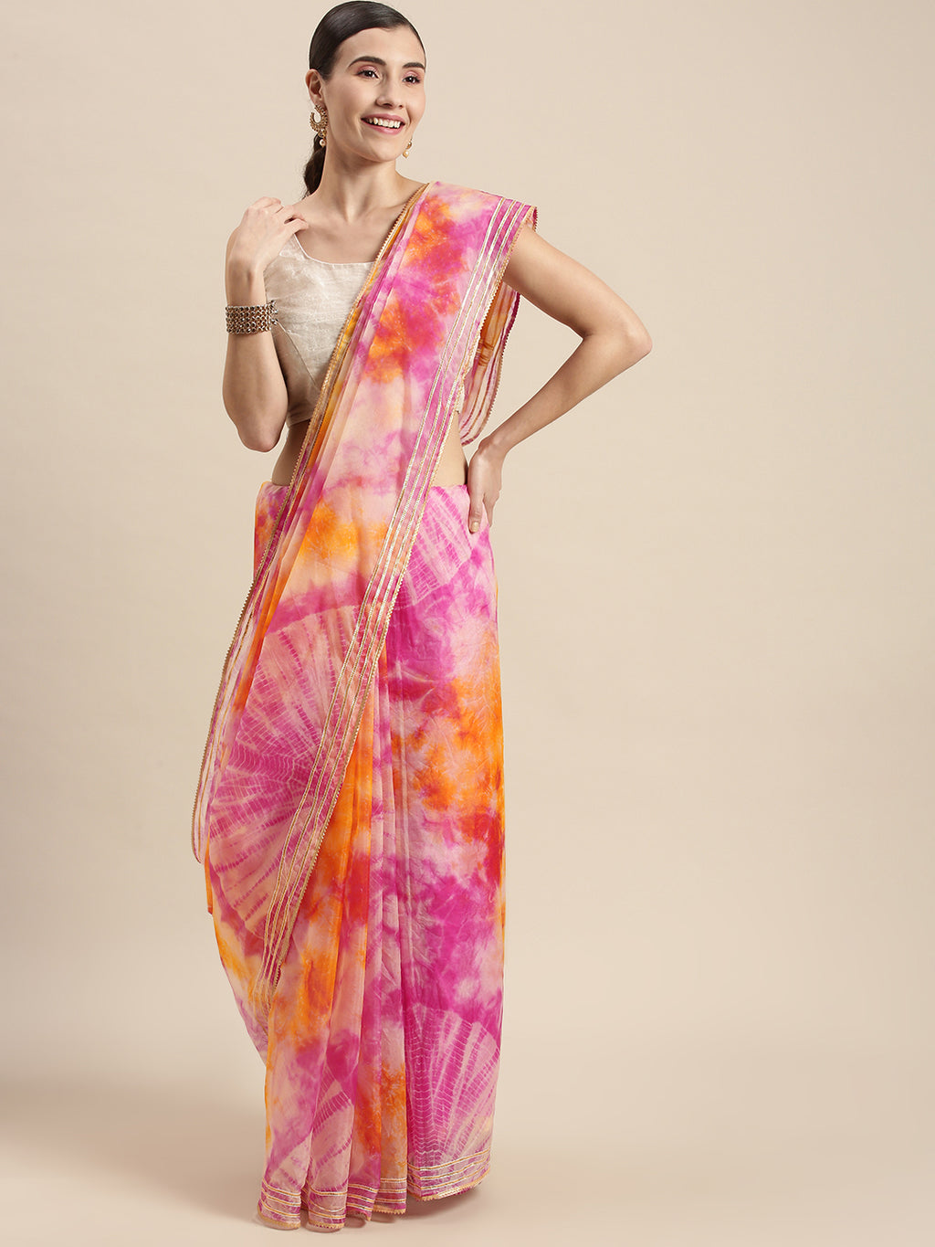 Pink & Orange Hand Dyed Shibori Organza Saree